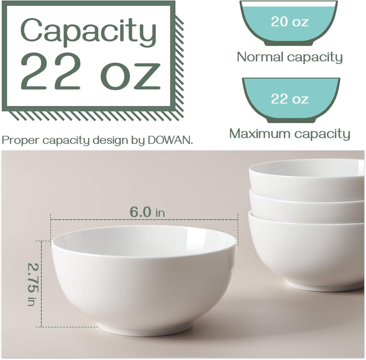 22 OZ White Ceramic Bowls Set of 4 - Perfect for Soup Bowls for Kitchen, Cereal Bowl, Ramen Bowl, Microwave Safe for Oatmeal, Fruit,Salad and Rice Bowl - Dishwasher & Microwave Safe