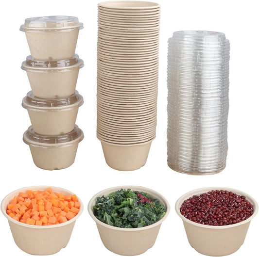 15 oz Round Disposable salad bowls with lids, Sugarcane Fiber Paper Bowls take away food containers Plant Fibers Freezer Safe 50 Pack