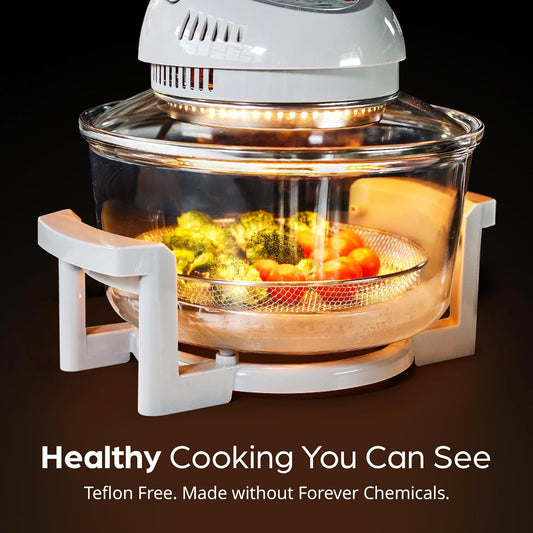 16Qt Extra Large Glass Air Fryer Non Toxic – Family Sized 4 in 1 Cooker with 3 Cooking Sections, Stainless Steel Racks for French Fries, Chicken, No Preheat, Self Cleaning, Dishwasher Safe