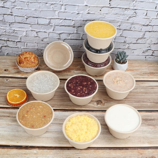 15 oz Round Disposable salad bowls with lids, Sugarcane Fiber Paper Bowls take away food containers Plant Fibers Freezer Safe 50 Pack